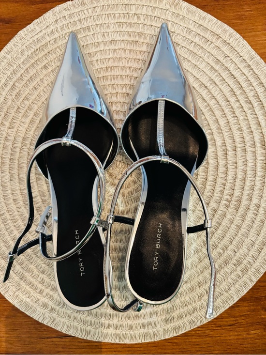Tory Burch Shoes - Tory Burch Silver Pointed-Toe Slingback Flats with T-Strap